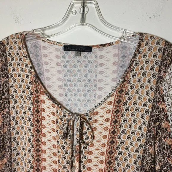 Rose Olive M Peasant Top Boho Ruffled Hem Ivory Rust Brown Stretch Knit Bust36.5 - Picture 4 of 13